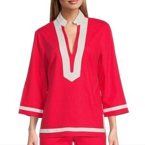 Preston & York Loretta 3/4 Sleeve V-Neck Linen Blouse Lipstick And White NEW